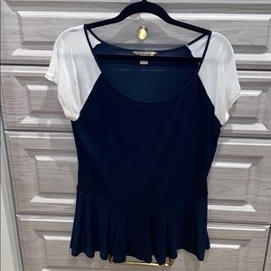 Navy and white peplum scoop neck top